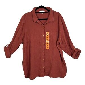 Anne Klein Jeans Lucille Blouse Button Front Roll Tab Sleeve Red Size XXL NWOT